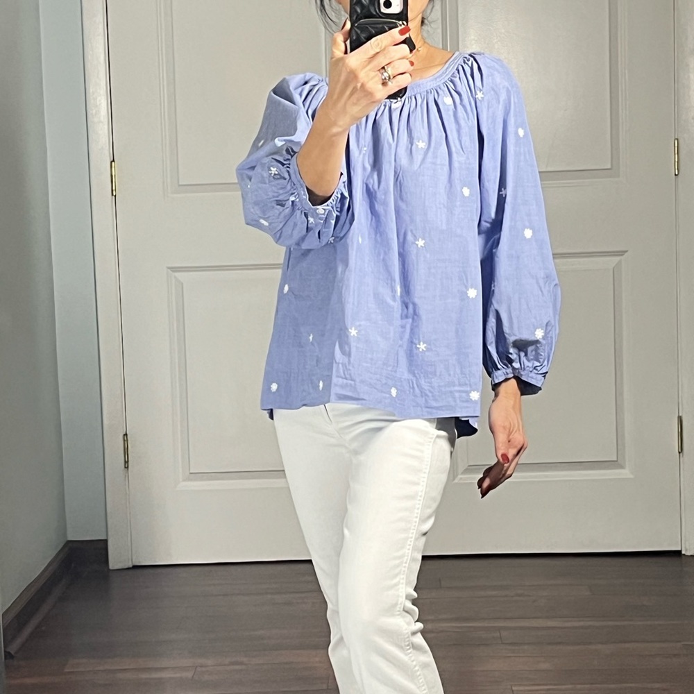 J. Crew The Perfect Embroidered Chambray Top
Puff Sleeves blouse size M